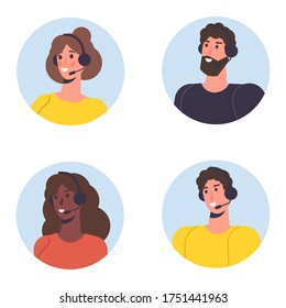 Call center avatar set. Customer service, hotline concept. Office workers with headsets, telemarketing agents. Vector illustration
