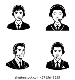Conjunto de avatares de call center com quatro representantes de atendimento ao cliente com headsets