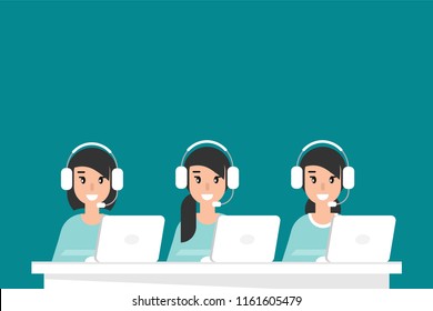 Call center backdrop. 3 operators at table with computers, headphones and microphones. flat vector illustration on blue background. girl with headset on laptop. consulting, job online, internet. help