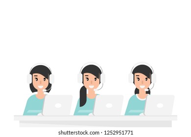 Call center backdrop. 3 operators at table with computers, headphones and microphones. flat vector illustration on white background. girl with headset on laptop. consulting, job online, internet. help