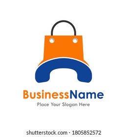 Centro de llamadas con la plantilla de logotipo del vector de bolsa y teléfono. Adecuado para negocios, web, tienda online, centro de apoyo y arte