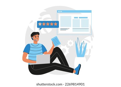Call center blue concept with people scene in the flat cartoon design. Call center operator reviews customer requests to assist them. Vector illustration.