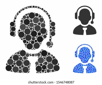 Call center boss composition of round dots in variable sizes and color tones, based on call center boss icon. Vector round dots are united into blue collage.
