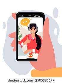 Call center, hotline video call by smartphone. Customer support department staff, telemarketing agent. Vector illustration. 