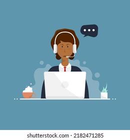 Call center cartoon character design, Flat young African American woman design, Digital marketing illustration.