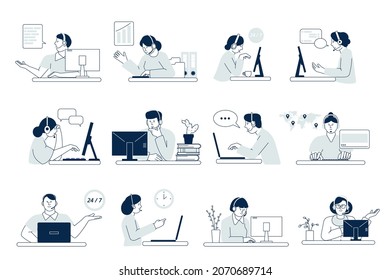 Call center characters. Customer service, telemarketing calls. Operator in headset with laptop consulting clients, business office managers recent vector set