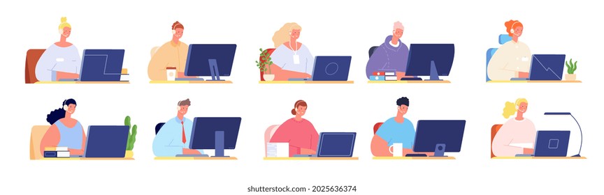 Call center characters. Work customer service, company employees with headsets and laptops sitting at desk. Telemarketing consultant utter vector set