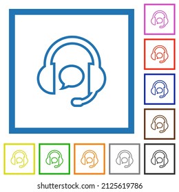 Call center with chat bubble outline flat color icons in square frames on white background