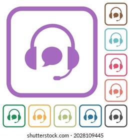 Call center with chat bubble solid simple icons in color rounded square frames on white background