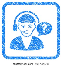 Call Center Chat rubber seal imitation. Icon vector symbol with unclean design and dirty texture inside rounded square. Scratched blue emblem. Person face has glad feeling.