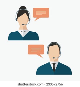 Call center client service flat design colorful avatars of faceless man and woman wearing headsets with speech bubbles isolated on white
