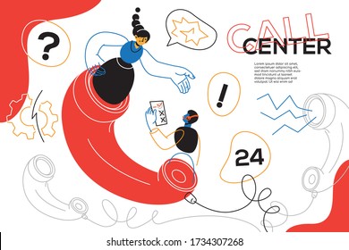 Call center - colorful flat design style web banner with line elements and copy space for text. An illustration with character, female assistant consulting a customer. Customer service, helpline idea