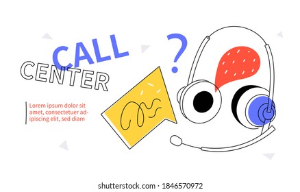 Centro de llamadas - banner web de diseño plano colorido con elementos de línea, espacio de copia para texto. Asistencia técnica, idea de servicio al cliente. Ilustración con auriculares, chat, signo de interrogación, burbuja de voz