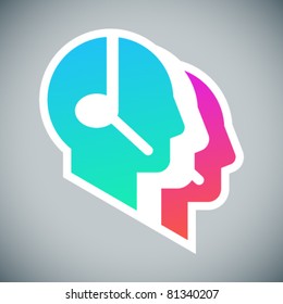 Call center coloured sign: three head profile silhouettes with headsets on grey background