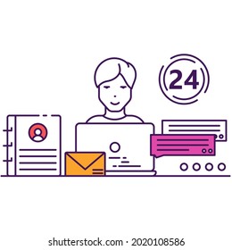 Centro de llamadas y chat de comunicación ayuda al servicio de atención al cliente icono de vector plano. Contacto comercial y comentarios. El agente de la computadora proporciona ayuda social de calidad. Servicio de ayuda a consultores de administración