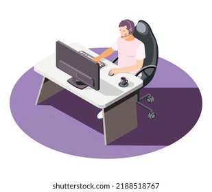 Call center composition with male worker wearing headset working on computer 3d isometric vector illustration