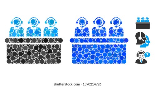 Call center composition of round dots in various sizes and color tinges, based on call center icon. Vector round elements are composed into blue composition.