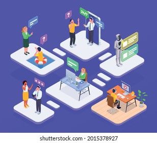 Call center composition with technical support and hotline symbols isometric vector illustration