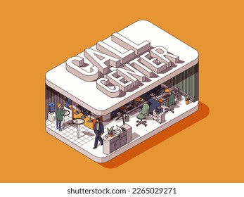 Call center concept in 3d isometric graphic design. Consulting clients and solving problems, technical support work in office. Vector illustration with people in isometric room interior for web banner