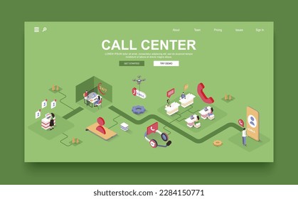 Call center concept 3d isometric landing page template. People work in customer support center, answer calls and messages, help and solve problem. Vector illustration in isometry graphic design.
