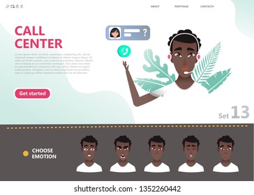 Call center concept. Cartoon character 
 afro american man advises the client in the online office. Icon chat and online consultation by phone or web connection. Emotion faces set for character design