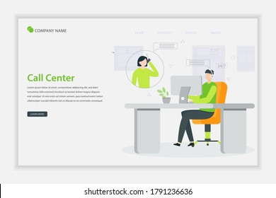 Call center concept chatting with customers and help clients. Flat Vector illustration on online customer service theme. Online global tech support 24/7. 