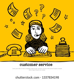Call center concept. Customer service chat. Web banner with female character with a headset on yellow background. Doodle ink style vector illustration