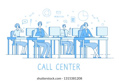 Call center concept. Customer support service helpdesk services call center computers operator supporting client vector line concept