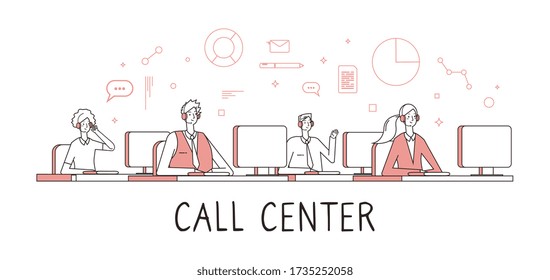 Concepto de centro de llamadas. Servicio de asistencia al cliente. La gente trabaja a distancia con llamadas. Ilustración de los administradores, hospitalidad o vector de línea directa de emergencia