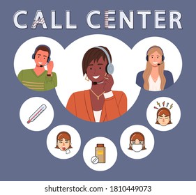 Call center concept design. Hotline workers advise customers on urgent health conditions. Service like 911. Men and women wearing headset conceptual customer service and communication. Flat image