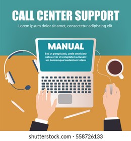 Call center concept, desktop top view, vector illustration