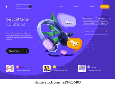 Call center concept in flat cartoon design for homepage layout. Online customer support, problem solving, consulting and chatting with clients. Vector illustration for landing page and web banner