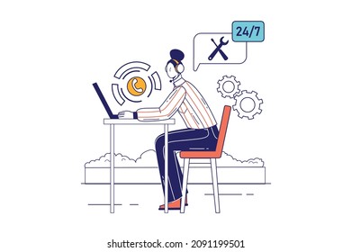 Call center concept in flat line design for web banner. Woman operator answers customer calls around clock, tech support consultant modern people scene. Vector illustration in outline graphic style