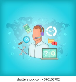 Call center concept global map. Cartoon illustration of call center vector concept for web