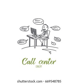 Call center concept. Hand drawn working process in call center. Worker answering calls in office isolated vector illustration.