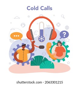 Call Center Concept. Idea Of A Customer Service. Operator Cold Calling To A Potential Client. Telemarketing Sales, Product Presentation And Advertising. Vector Illustration In Flat Style