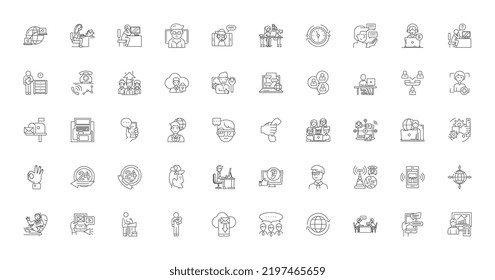 Ilustración de concepto del centro de llamadas, iconos lineales, conjunto de señales de línea, colección de vectores