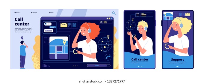 Call center concept. Landing page, mobile template for customer support service. Online personal assistant, help desk vector illustration