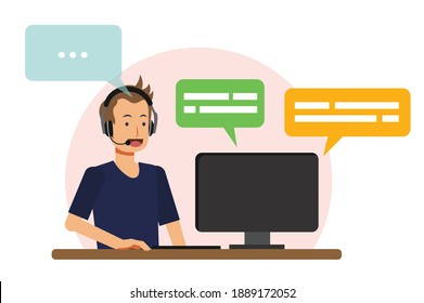 call center concept, male call center agent is answer customer.Flat Vector catoon character illustration. 