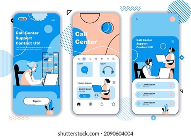 Call center concept onboarding screens for mobile app templates. Operators advise clients, respond to messages. UI, UX, GUI user interface kit with people scenes for web design. Vector illustration