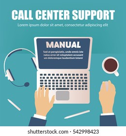Call center concept, overhead desktop view, vector illustration