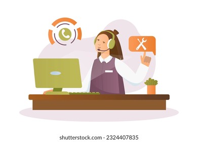 Call center concept with people scene in the flat cartoon design. A call center employee is trying to contact a customer. Vector illustration.