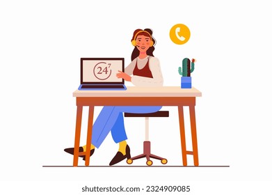 Call center concept with people scene in the flat cartoon design. The employee of the call center communicates with customers and tries to help them. Vector illustration.