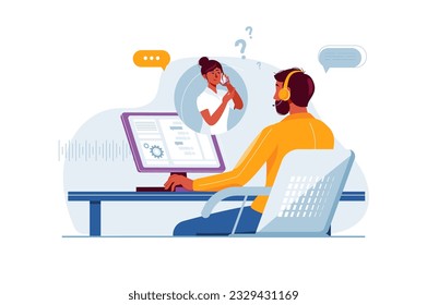 Call center concept with people scene in the flat cartoon design. A call center employee listens to a client on the phone. Vector illustration.