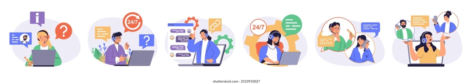 Call center concept set with characters in flat design for web. People work as operators in support service, answering calls and online messages, consulting and helping clients. Vector illustrations.