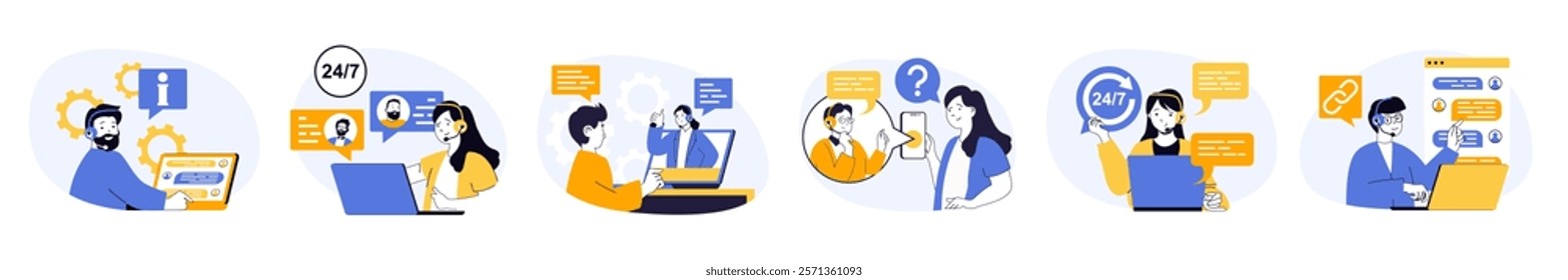 Call center concept set in flat web design. Collection with people answering calls in helpline and online messages, consulting clients in support service. Vector illustrations on white background.