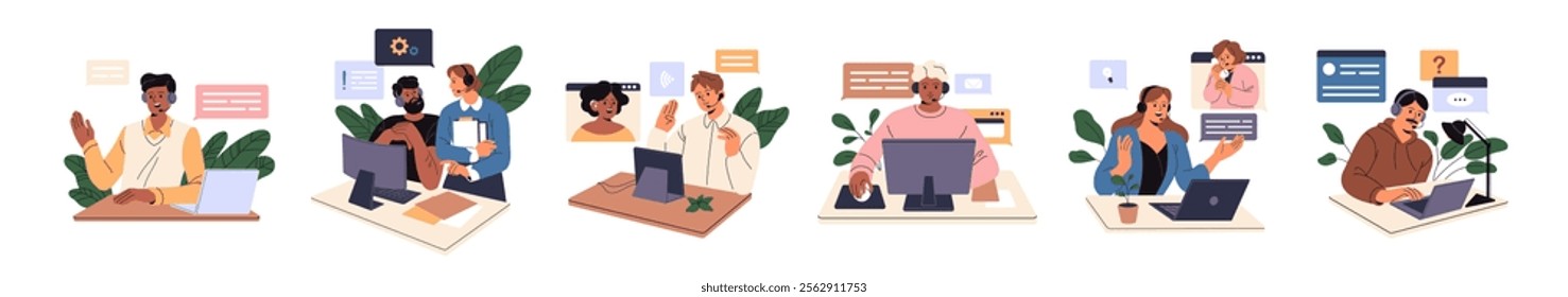 Call center concept set. Operators of helpdesk, helpline, hotline in headphones help, communicate with clients. Technical, customers support service. Flat isolated vector illustrations on white