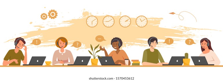 Call center concept. Smiling office workers with headsets, cartoon characters. Customer support department staff, telemarketing agents. Multiethnic team. Flat vector illustrations