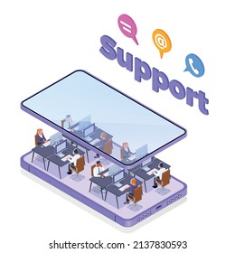 Call center concept with technical support and hotline symbols isometric vector illustration