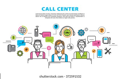 Call center concept in thin flat, linear style. 